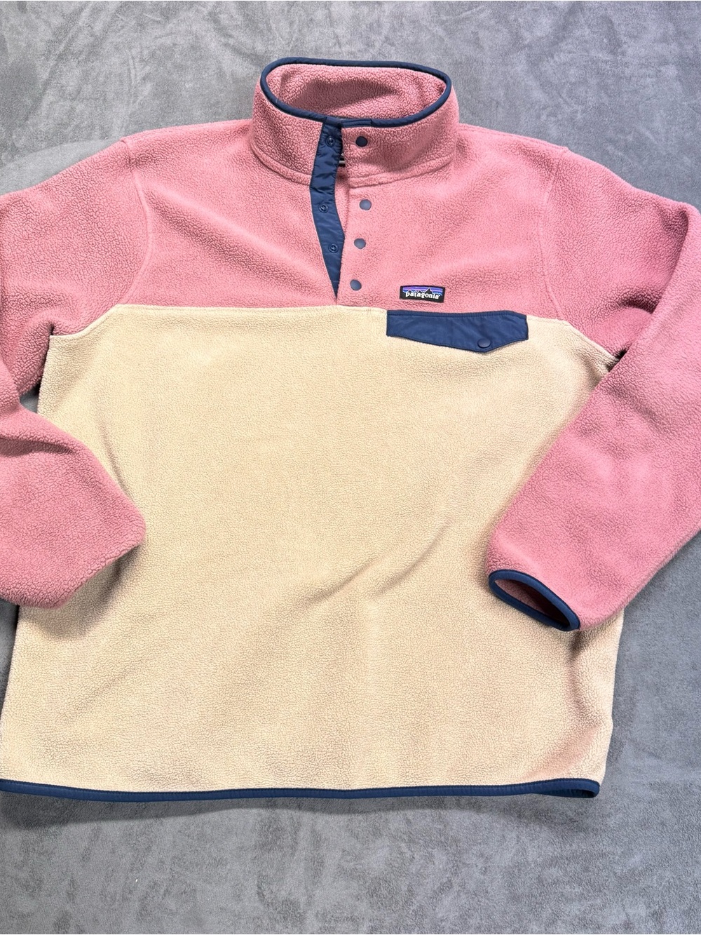 Patagonia Pink and Cream Teddy Fleece Pullover Jacket with Navy Trim